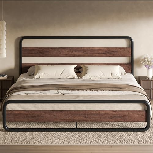 Image of SHA CERLIN King Size Metal Bed Frame with Wooden Headboard, Mahogany