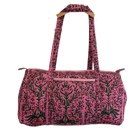 Borsone trapuntato in cotone indiano, grande borsa da weekender, con stampa floreale, realizzata a mano, borsa a tracolla da viaggio per pernottamento e palestra, Rosa, Stampato