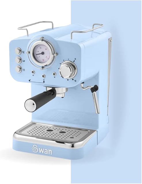 Swan Retro Pump Espresso Coffee Machine, Blue, 15 Bars of Pressure, Milk Frother, 1.2L Tank, SK22110BLN
