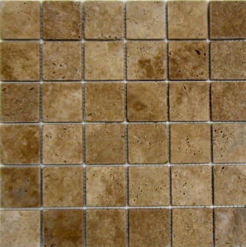 2x2 Noche Noce Tumbled Travertine Mosaics Meshed on 12" X 12" Sheet for Backsplash, Shower Walls, Bathroom Floors