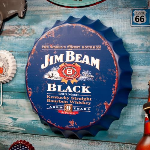 Image of EAZYWAGON Decorative Metal Bottle Caps Wall Sign Plates - 14X14 Inches - JIM BEAM BLACK | Metal Wall Hanging Bottle Cap for Home, Farmhouse, Bar & Cafe Decoration | Vintage & Retro Look Plaques