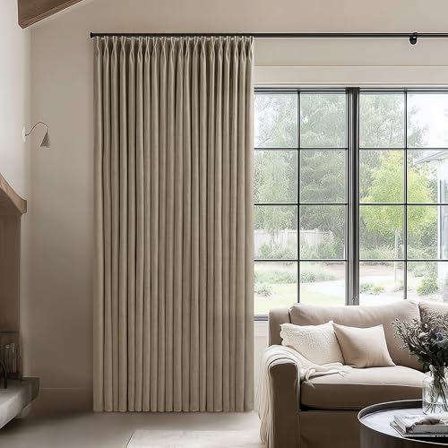 Image of Pinch Pleated Linen Extra Wide 100 Inch Wide 108 Inch Curtains Light Brown | Wide Window, Room Divider, Light Filtering, Patio Curtains, for Sliding Door, Extra Long, Balcony, Floor to Ceiling, 1 Panel