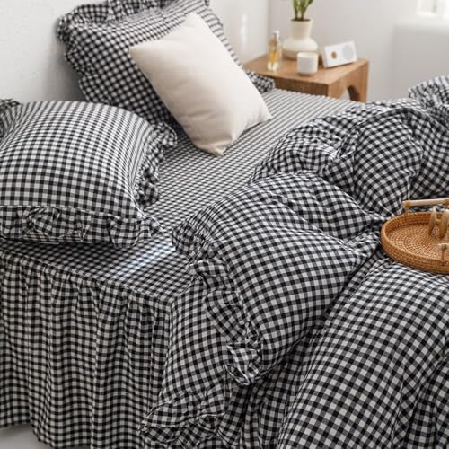 Image of MKXI Black and White Gingham Duvet Cover Twin, 3-Piece Ruffled Bedding Set - 100% Washed Cotton, Lightweight & Breathable - Modern Graphic Bold Comforter Cover for Farmhouse