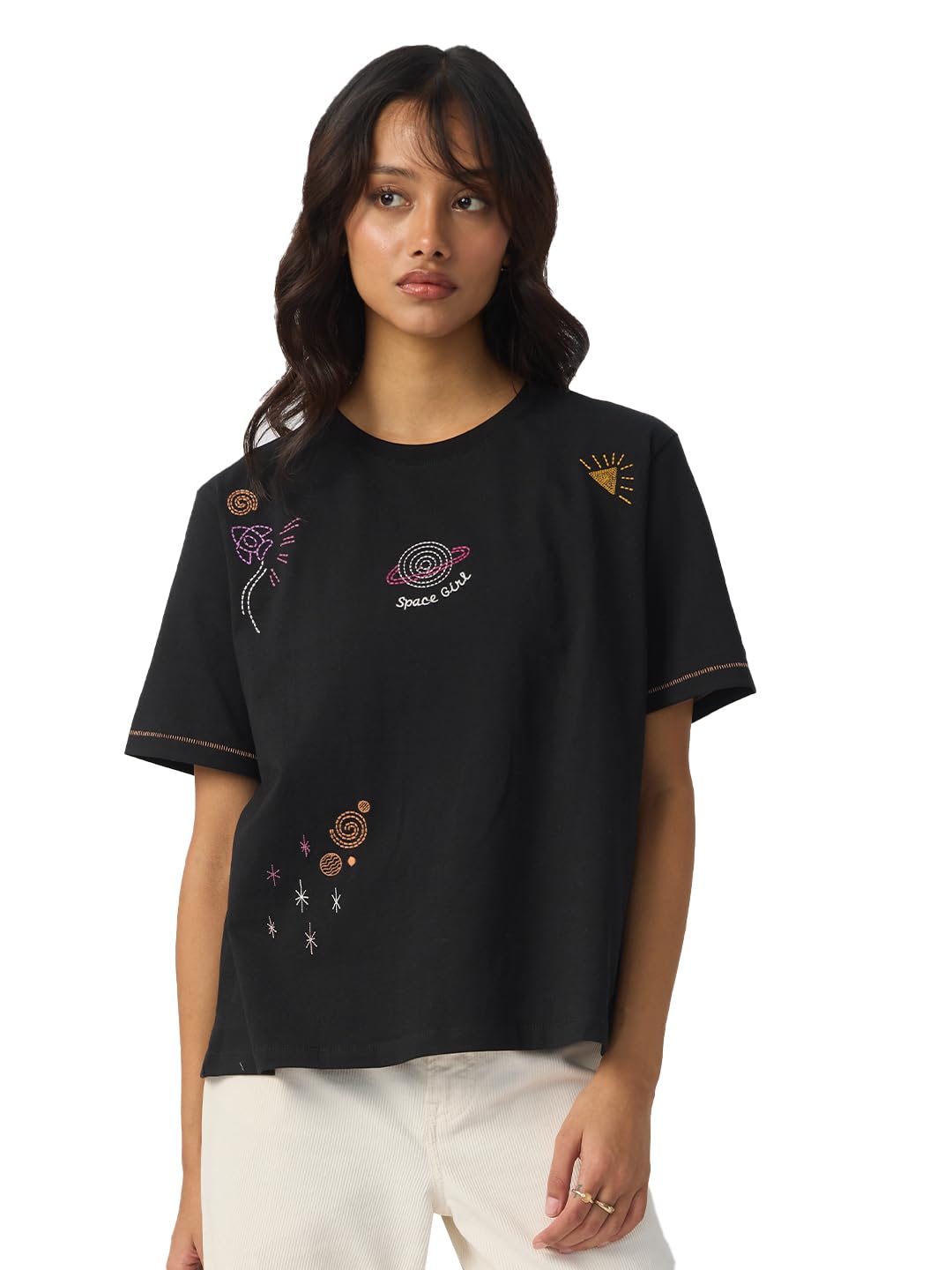the souled store Space Girl Women and Girls Short Sleeves Round Neck Black Graphic Printed Cotton Relaxed Fit T-Shirts-picture-12