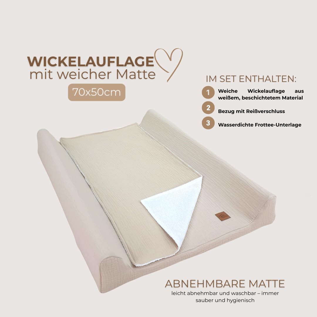 Mata do przewijania dla niemowląt 50 x 70 cm – zestaw 3 w 1 ze zdejmowaną poszewką z muślinu (beżowa) podkładka do przewijania, zmywalna, z obramowaniem + wodoszczelna nakładka na stół do