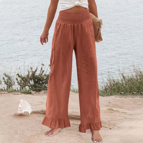 Image of Women Linen Pants Dressy Casual Summer Boho Ruffle Hem Wide Leg Cropped Pants Smocked High Waisted Palazzo Pant