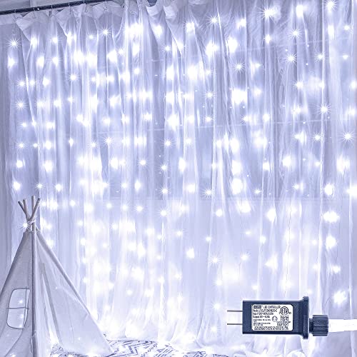 Oopswow 304L Curtain String Lights, 9.8ft x 9.8ft 8 Modes for Bedroom, Hanging Twinkle Fairy Plug-in Window Backdrop for Christmas Party Wedding Outdoor Indoor Wall Decor