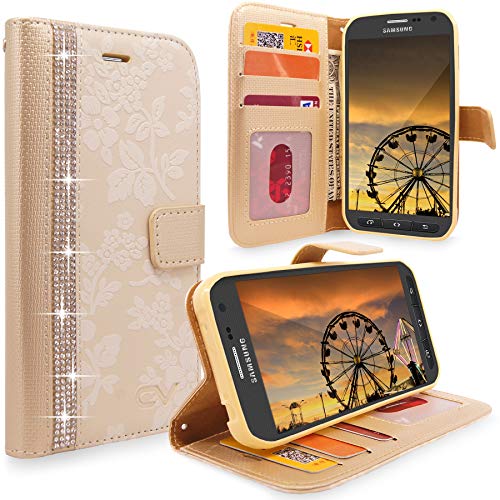 Cellularvilla S6 Active Case, [Stand Feature] Flower Texture Wallet Case [Diamond Jewel] Premium [Bling Luxury] PU Leather Flip Cover [Card Slots] for Samsung Galaxy S6 Active G890 (Golden Bling)