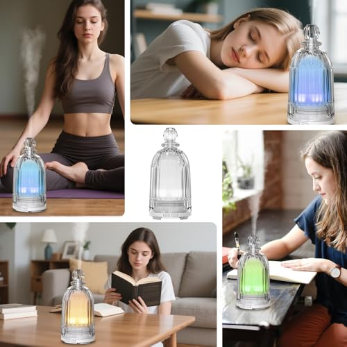 Image of 120ml Glass Essential Oil Diffuser, Ultrasonic Aroma Diffuser Glass Cover & Plastic Reservoir with Auto Shut-Off, 7 Colors LED Light for Home, Bedroom, Office, Yoga(White Base)