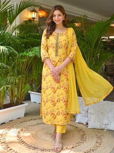 Image of ANNI Designer Women's Cotton Blend Printed Straight Kurta Set with Pant and Dupatta | Ethnic Casual Traditional Kurti Set for Women