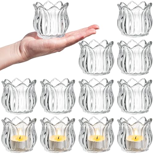 Elsjoy Set of 12 Tulip Glass Votive Candle Holders, Decorative Tea Light Candle Holders, Clear Glass Flower Tealight Candle Holder for Table Centerpieces, Wedding Decor