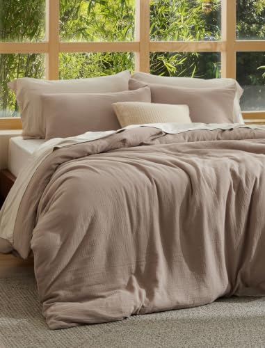 Image of Bedsure Cooling Muslin Cotton Duvet Cover Queen Size - Cotton Blend Rayon Derived from Bamboo Duvet Covet Set for Hot Sleepers - Ultra-Soft & Breathable & Lightweight Bedding Set (Khaki, 90 inchx90 inch)