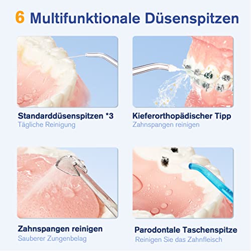 Munddusche Kabellos Elektrische für Zahnreinigung -mit 4 Modi und 6 Düsen Wasser Flosser USB Aufladen 300ML Wassertank Oral Irrigator water flosser IPX7 Wasserdicht Zahnreiniger