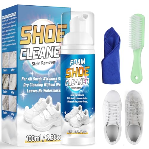 Wansiven Kit de limpieza de zapatillas, Limpiador Zapatillas de 200 ml, potente limpiador zapatillas blancas quitamanchas con cepillo y paño para zapatos, zapatillas, cuero, nobuk, gamuza y lona
