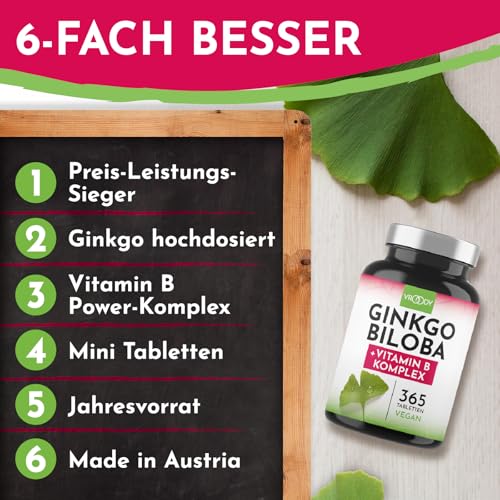 Ginkgo Biloba 6000mg po tableti, 365 komada - pobjednik cijene i učinka + Power kompleks vitamina B, bez aditiva, laboratorijski ispitano, proizvedeno u Austriji, vitamin B12 pomaže smanjiti umor