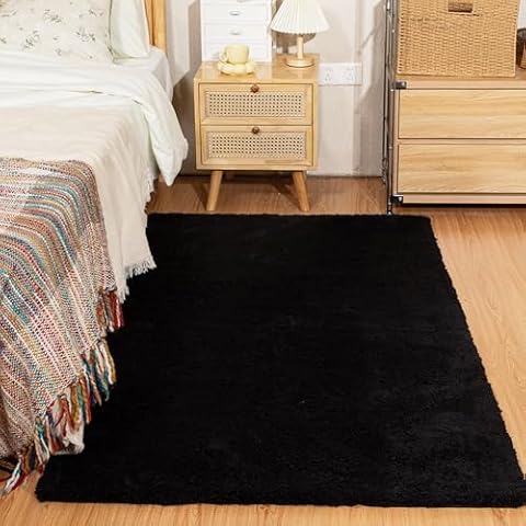 Latepis Black Soft Fluffy Rug 3x5 for Bedroom, Machine Washable Furry Thick Throw Non-Shedding Area Rug Non-Slip Shaggy Rugs for Entryway Hallway Living Room Bedside Bathroom Luxury Home Décor Cover