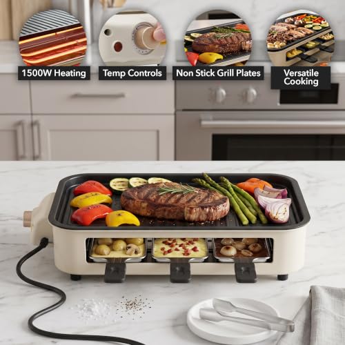 Image of OVENTE 2-in-1 Electric Indoor Grill Non-Stick Cooking Plate, Beige BQR1502B | 1500W Smokeless Korean BBQ Griddle with, 3 Raclette Cheese Pans, Adjustable Temperature Control, Dishwasher Safe