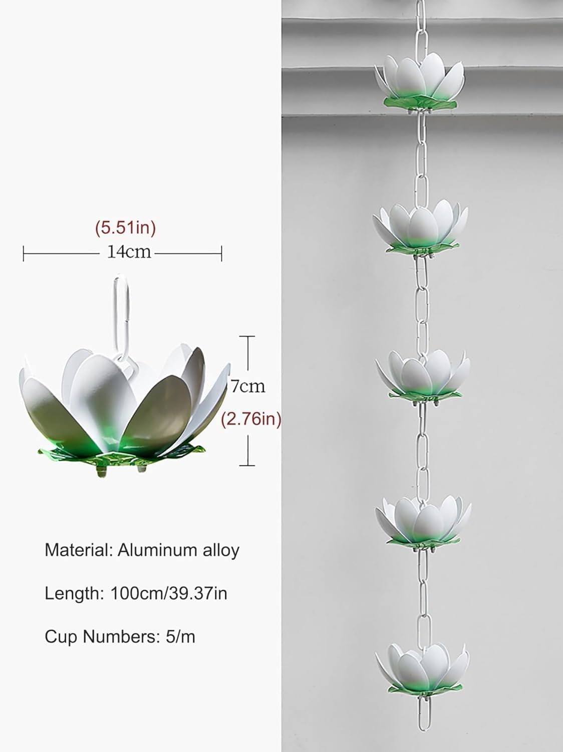 Lotus Rain Catcher Chain,Aluminum Alloy Adjustable Rain Chain,Metal Rain Chains,Rain Chains for Gutters for Heavy Rain