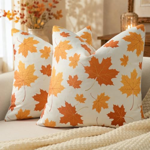 YCOLL Autumn Cushion Covers 45x45 2 Pack, Orange Cushion Covers, Seasonal Autumn Decorative Cushions, Ideal For Living Room, Bedroom, Sofa, Couch And Outdoor Autumn Home Decor