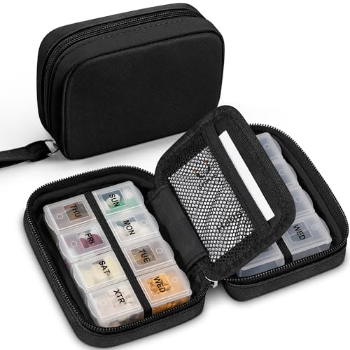 Image of Zannaki Cute Pill Organizer for Purse with Two Removable 7-Day Pill Box, Travel PU Leather Pill Case, Portable Weekly Pill Container with Storage Bag to Hold Vitamins, Fish Oils, Supplements (Black)