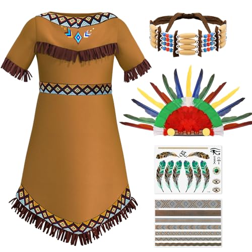 Tacobear Indianer Kostüm Mädchen mit Feder Stirnband Choker Halskette Tattoo Indianer Kleid Kinderkostüm für Karneval Fasching Halloween Weihnachten Verkleidung (150 9-10 Jahre)