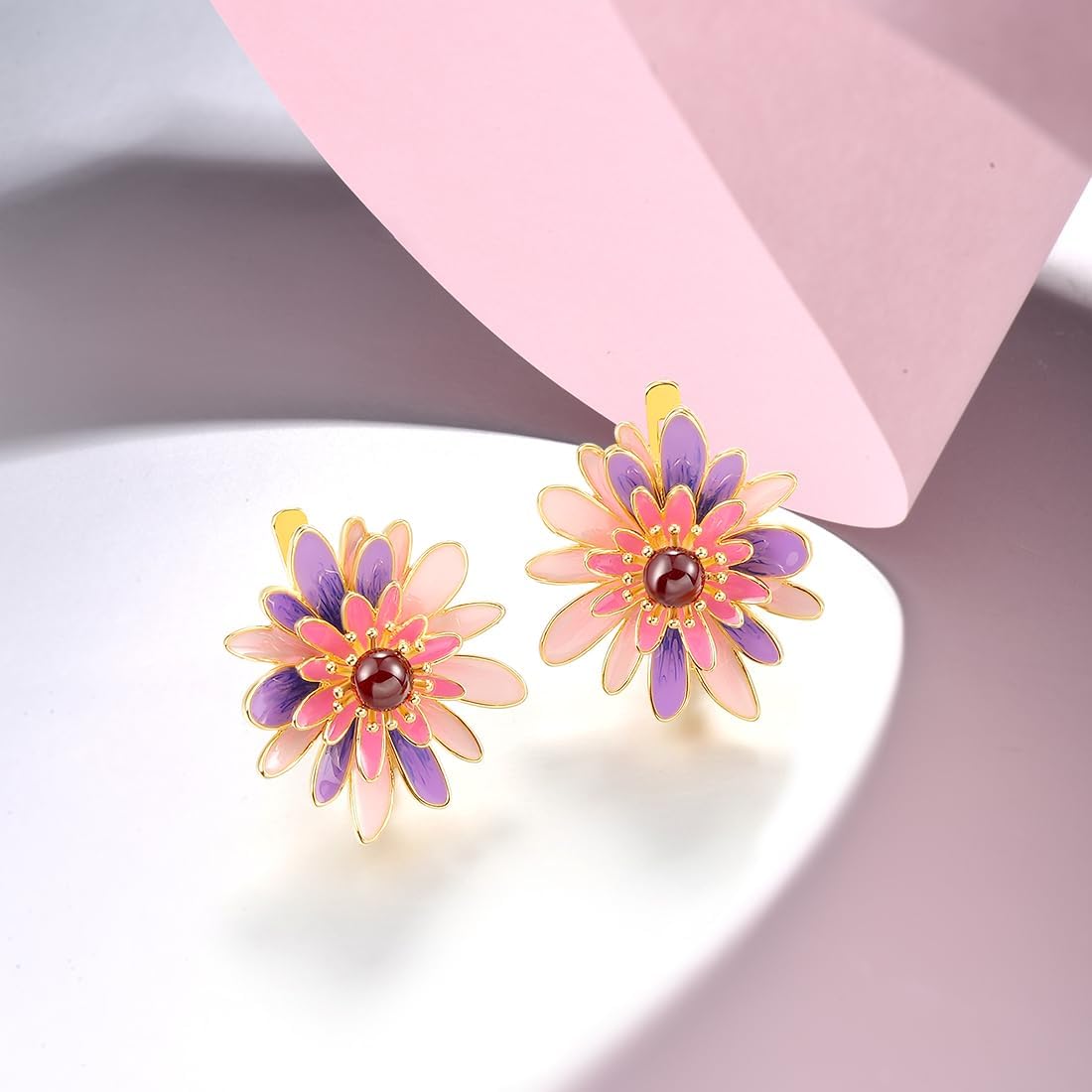 Santuzza Sterling Silver Gemstone Enamel Flower Earrings