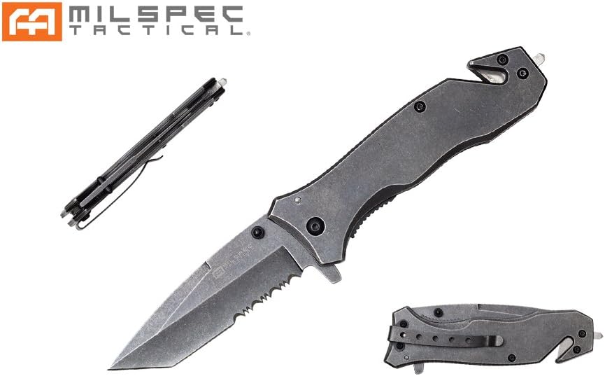 YC-S-10130 8-Inch Stonewash Spring Assist Cord Cutter/Glass Breaker/Pocket Knife with Serrated Blade