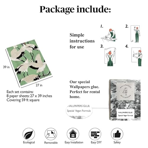 Diy Green/White Japanese Herons Modern Wallpaper. Temporary Removable. Eco Paper. 8 Sheets 39.4X27.5 In(59.2 Sq Ft). Furniture Decoration Renovation. Made In Italy. Not Suitable For All Walls #TOP7