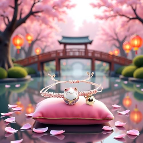 Image of Pink Lucky Cat Maneki Neko Bacelet Adjustable Ceramic Bead Girls Clothing, Shoes and Jewelry