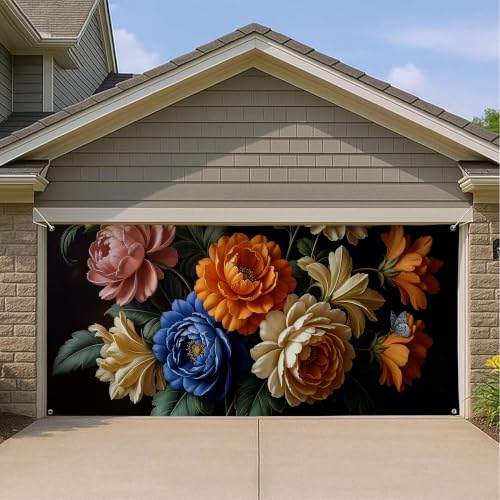 Cache porte de garage usée avec cette housse florale géante de 397x180 cm