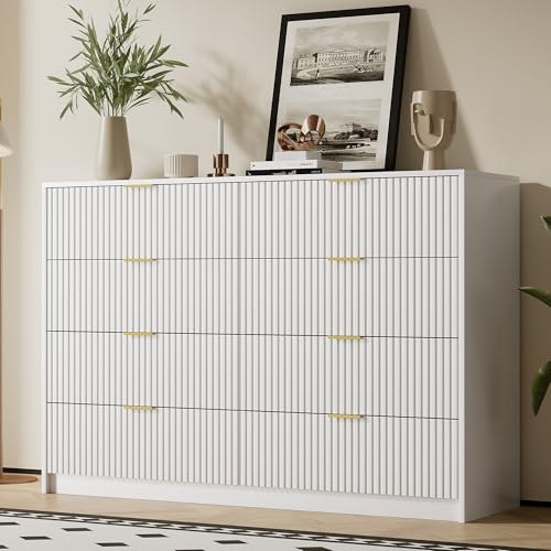 Image of Furniway White 8 Drawer Dresser for Bedroom, Modern Dresser with Smooth Slides, Wide Chest of Drawers with Golden Handles for Bedroom, Living Room, Closet, 15.7 inch D x 55 inch W x 37.4 inch H