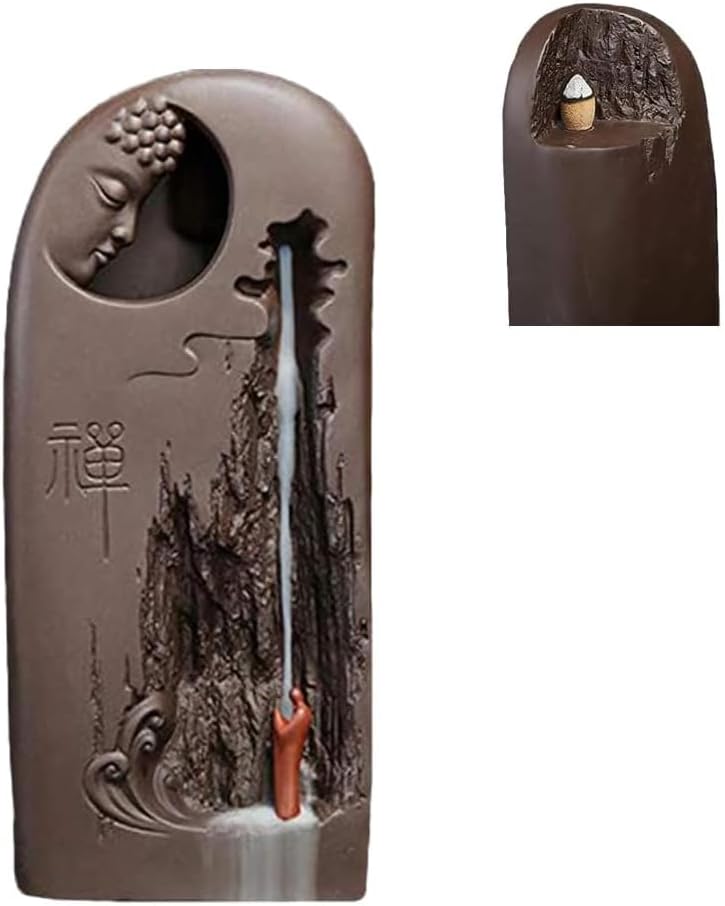 Ceramic Buddha Incense Burner Waterfall Chinese Backflow Incense Burner Holder Cones for Home Office Decor (Monk Buddha)