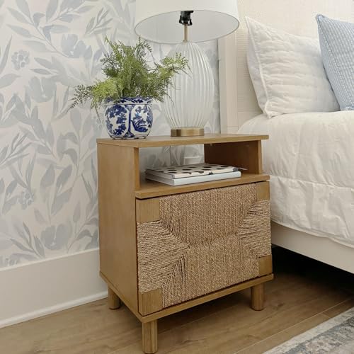 Nathan James Beacon Wood Nightstand, Bohemian Accent Table or Sofa Side Table with Seagrass Door for Bedroom or Living Room, Light Brown, Set of 2 Nathan James Beacon Wood Nightstand, Bohemian Accent Table or Sofa Side Table with Seagrass Door for Bedroom or Living Room, Light Brown, Set of 2