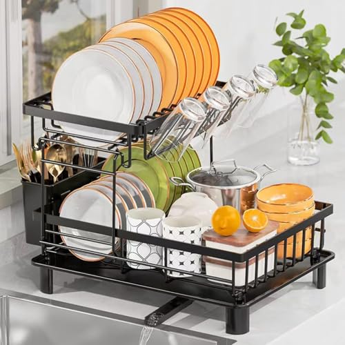 DMTXCRP Dish Drying Rack, Large 2 Tier Stainless Steel Dish Rack for Kitchen Counter with a...