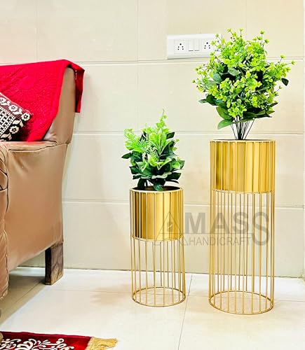 Image of Modern Metal Decorative Floor Standing White And Gold Indoor Outdoor Plant Stand With Pot For Home Decor Living Room Office Bedroom Balcony Set of 2 Flower Pots (Gold)