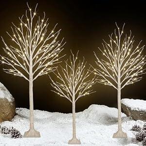 3 Pack 4FT 5FT and 6FT 300LED Christmas Lighted Birch Tree, Timer Function Prelit Artificial Tree Lamp Plug in with Warm White Lights, Twinkling Twig Trees for Indoor Outdoor Christmas Decorations