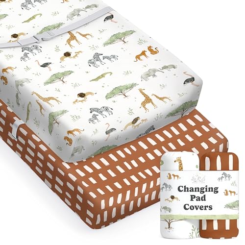 Image of Baby Changing Pad Cover 2-Pack for Boys, Girls (Safari Adventure) - Premium Fitted Sheets Baby Diaper Changing Table Cover - Buttery Soft Cotton Blend