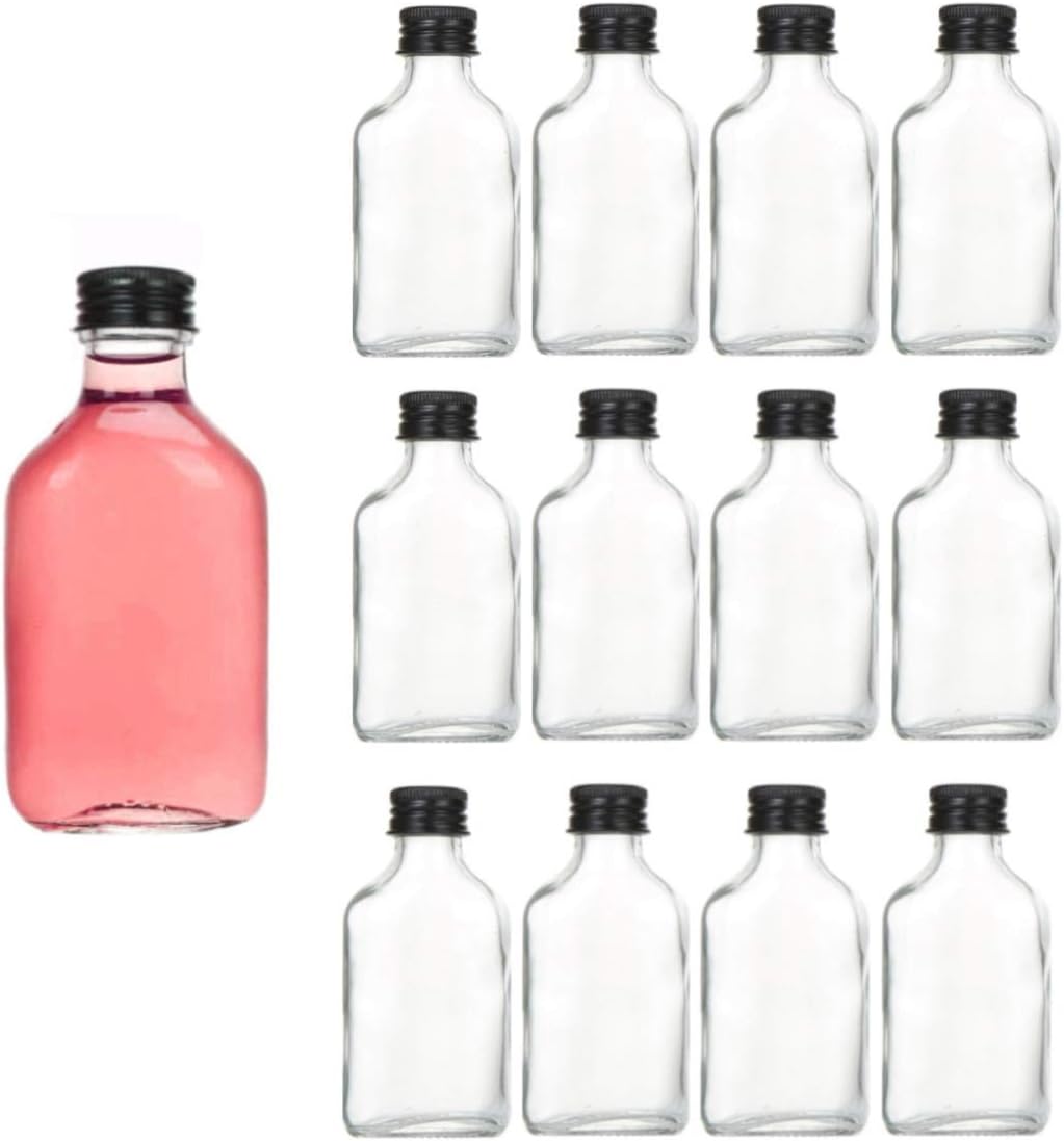 FUFU 12pcs Empty Glass Juice, Milk, Coffee, Kombucha, Whiskey, Vodka Bottle for Party, Drink Shop (50ML, Black Lid)