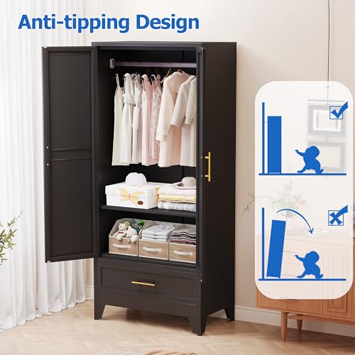 Image of GAIOUS Steel Armoire Wardrobe Closet with Mirror Door and Drawer 71 inch Black