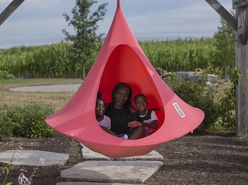 Image of Double Cacoon Hanging Chair for Two - Cozy Indoor /Outdoor Hammock with Polyester Canvas, 440 lb Capacity, Includes 18ft Rope & Carabiner (Coral Rose)