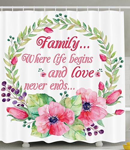 Family Where Life Begins Love Never Ends Flowers Wreath Art Deco Saying Love Inspirational Quotes Digital Print Polyester Fabric Shower Curtain White Coral Pink Green Berry