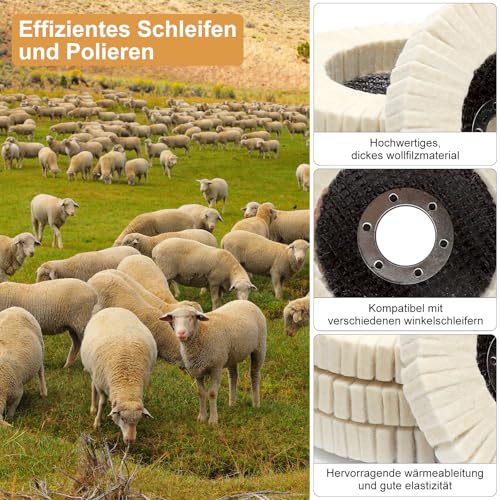 APOMOONS 4 Stück Polierscheibe 125mm Polierfächerscheibe Wollfilz Polierscheiben Filz Polieraufsatz Winkelschleifer zum Schleifen Glanz Polieren von Lack Holz Plastik Edelstahl