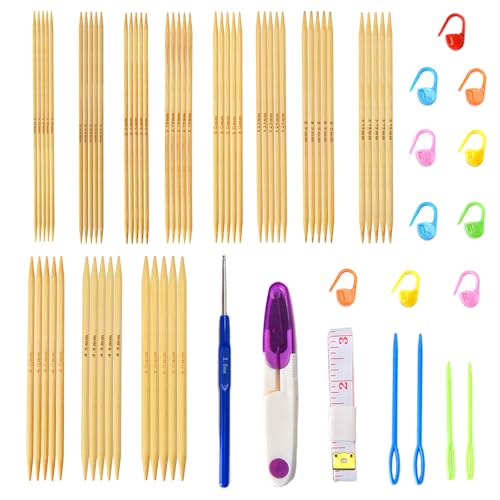 Double Pointed Knitting Needles Set 55 Pcs Bamboo Knitting Needles Kit Short 13cm/5.1in (2.0mm-5.0mm) with Small Tools Straight Wooden Needles for Beginners Sock Handmade Weave DIY Lover