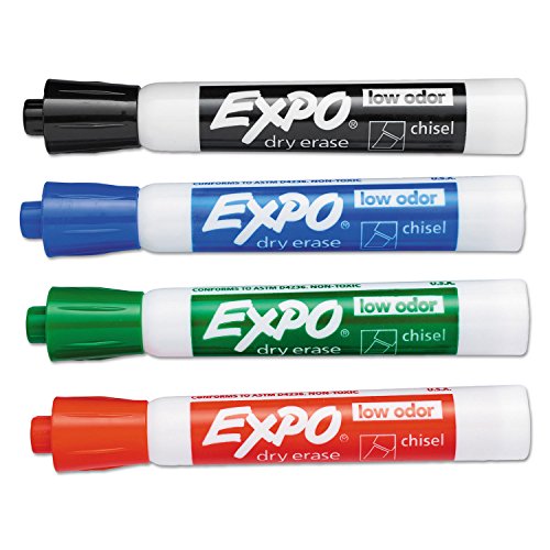 EXPO Dry Erase Markers, Low Odor Ink, Assorted Colors, Chisel Tip, 4 Count - Whiteboard, Calendar, Organization, Essential Supplies for Office, School, Classroom, Teachers