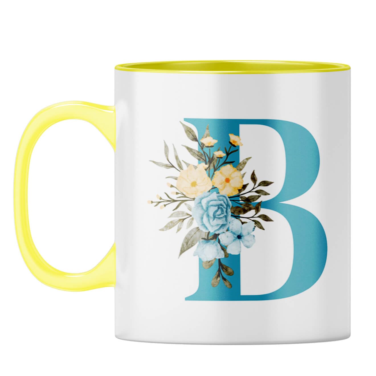 YuBingoYuBingo Floral Initial Gift Mug - Elegant B Design, Yellow Inner & Handle (Yellow Inner & Handle, Tea Cup, 310ML)