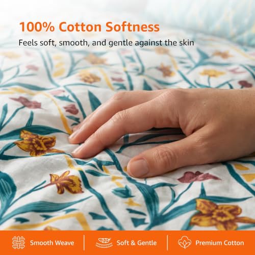 Image of Amazon Basics - 100% Cotton Flat Bedsheet | 144TC |Queen Bed Sheet with 2 Pillow Cover|Soft Cotton | Floral Print | 90 Inch x 100 Inch, Green