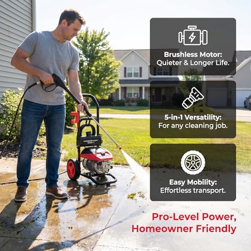 PowerSmart 3000 Max PSI Electric Pressure Washer with Induction Brushless Motor, 1.2 GPM High Pressure Cleaner, 5 Nozzles, 8” Wheels, Detergent Tank, for Car, Patio, Fence, Driveway Cleaning - Image 3
