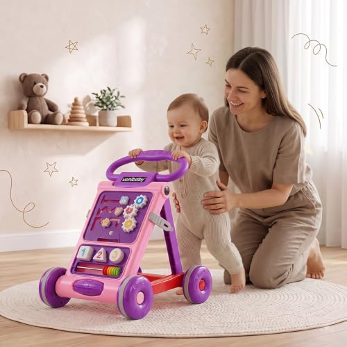 Image of Uonibaby Baby Push Walker, Musical Push Walker for 9 Months+, Toodler Walking Toy for 1 to 2 Years, Interactive Activity Panel with Gears, Shapes, Numbers & Beads, Sturdy Handle & Large Wheels