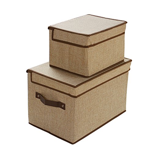 LightBiz Foldable Fabric Cloth Storage Cube Basket Bins Organizer with Lids, for Underwear, Socks, Bras, Tights, Leggings, 2 Pack, Khaki