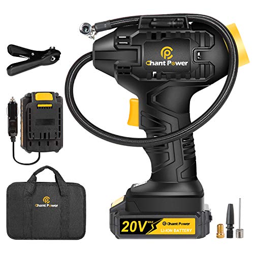 C P CHANTPOWER Tire Inflator Air Compressor, 20V Cordless Tire Pump with Digital Pressure Gauge, AUTO-Off Function, 12V Car Power Adapter for Car Tires, Bicycle, Motorcycle, Balls